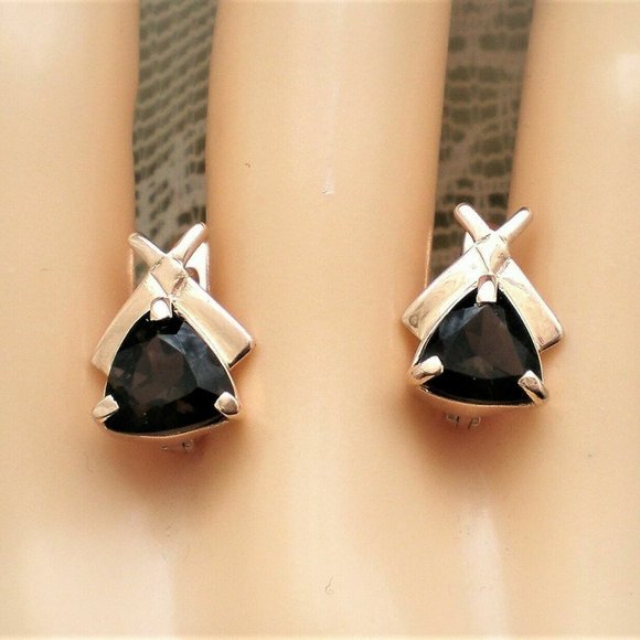 Russian Russia 14K 585 Rose Pink Gold Smokey Topaz Triangle Pierced Earrings - Picture 3 of 6